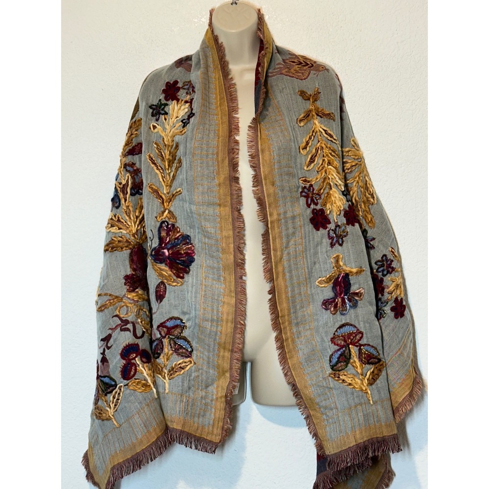 Pure Jill J. Jill Embroidered Floral Scarf Wrap Grey Red Gold Cotton Wool Blend